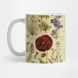 Botanical print, on old book page vintage - red poppy and garden flowers Mug